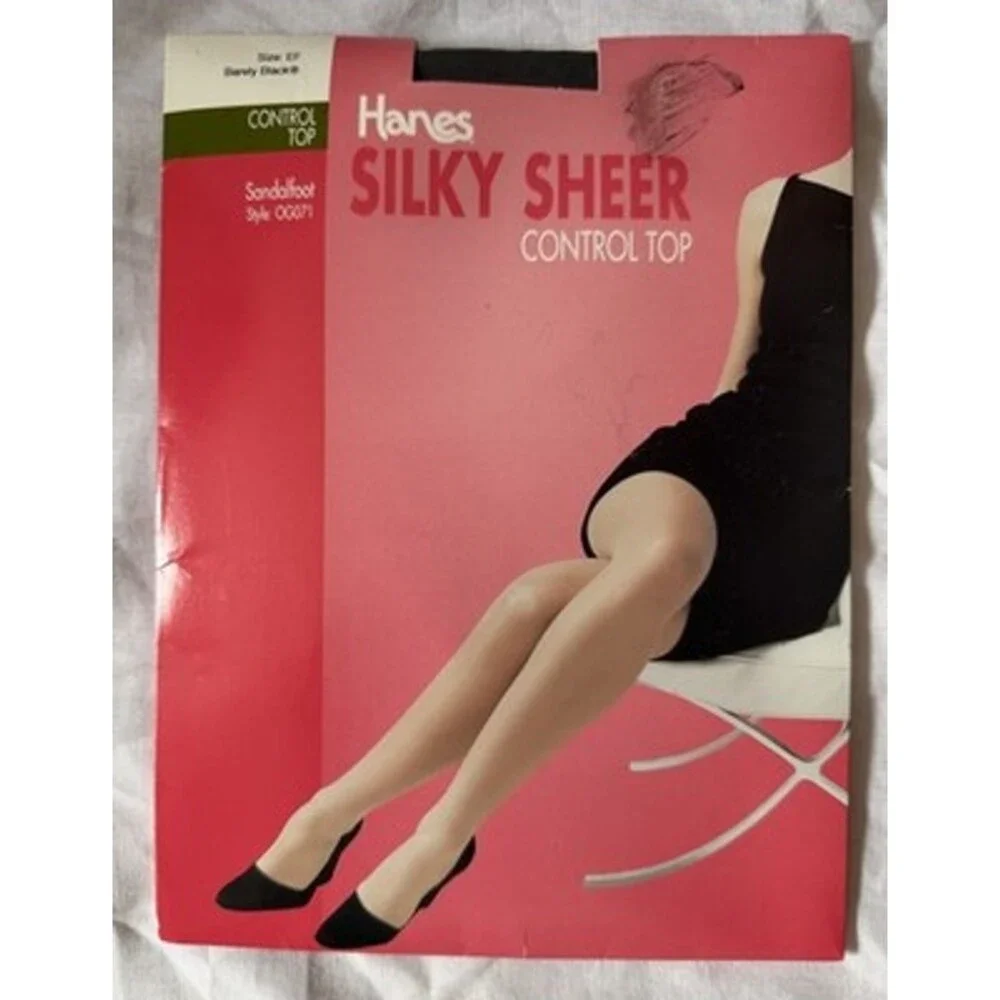 Hanes Silky Sheer Control Top Barely Black Pantyhose Sandalfoot Style 0G071 SzEF